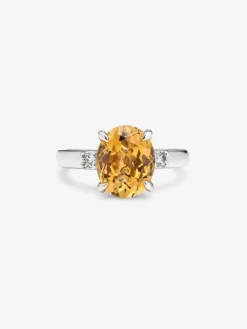 Anillo tresillo de plata 925 con citrino y diamantes