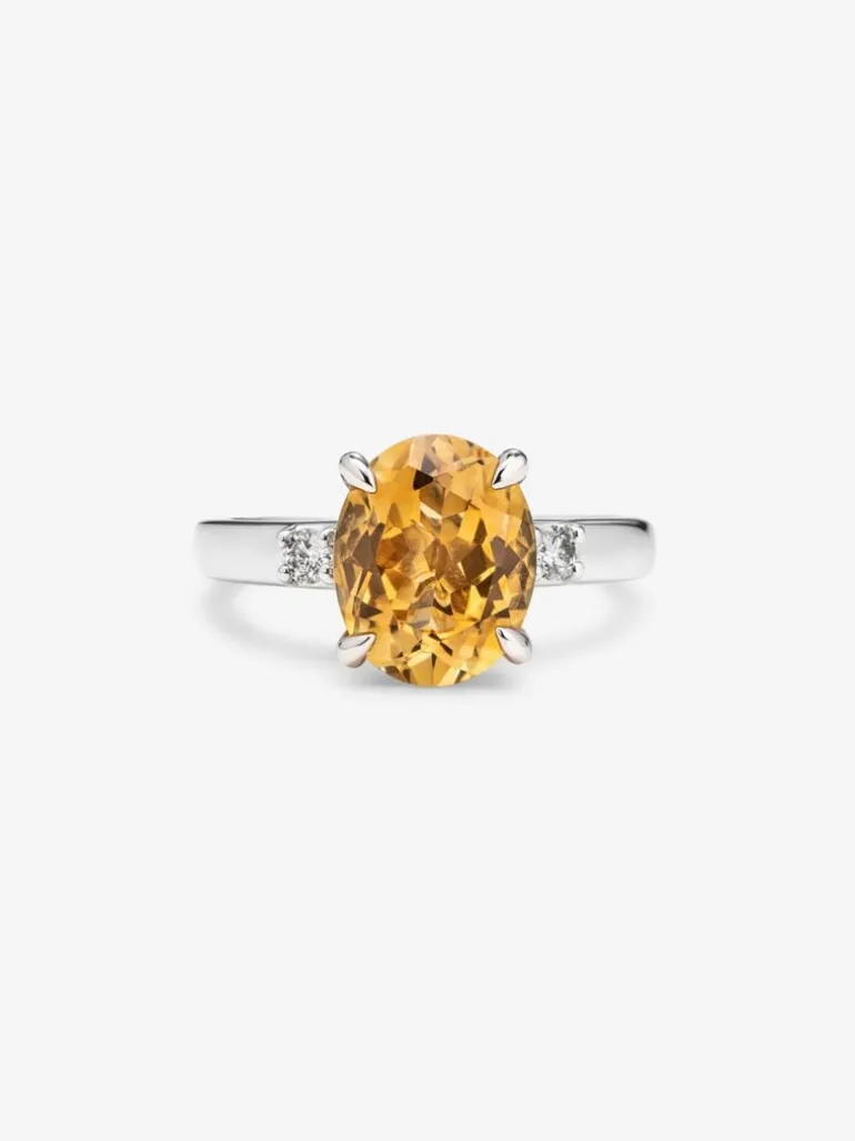 Anillo tresillo de plata 925 con citrino y diamantes