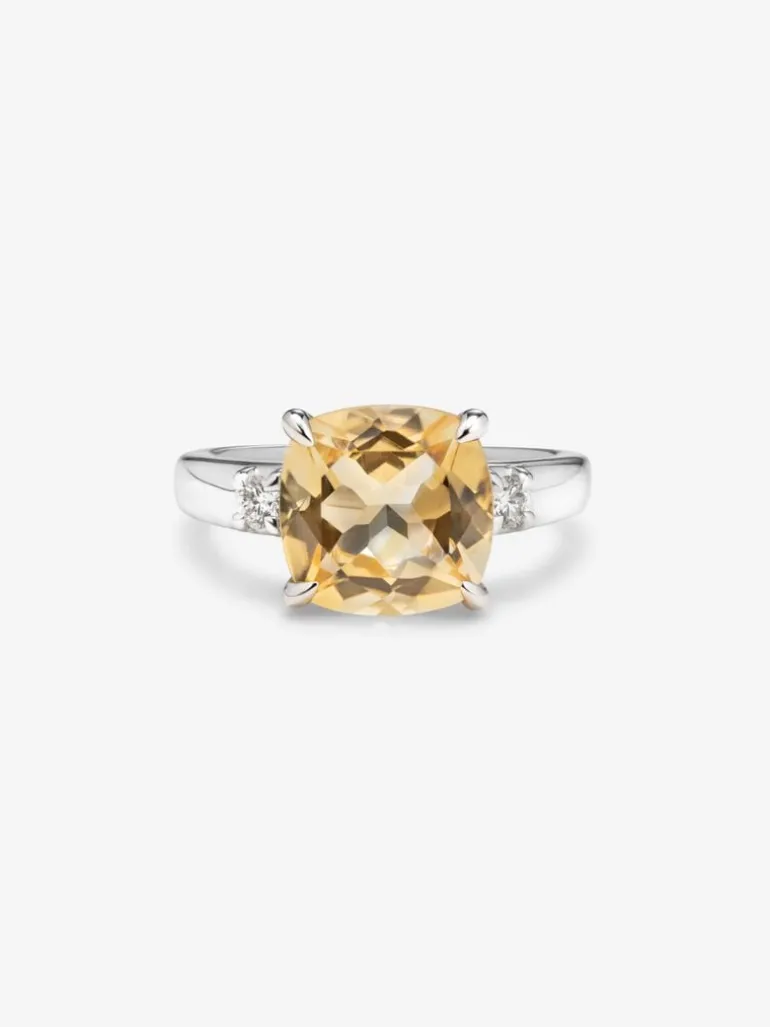 Anillo tresillo de plata 925 con citrino y diamantes