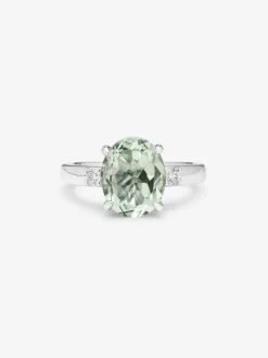 Anillo tresillo de plata 925 con amatista verde y diamantes
