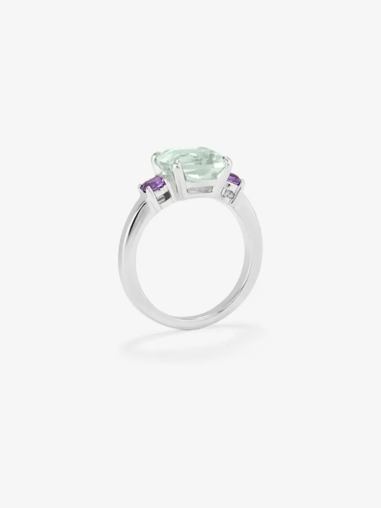 Anillo tresillo de plata 925 con amatista verde y morada