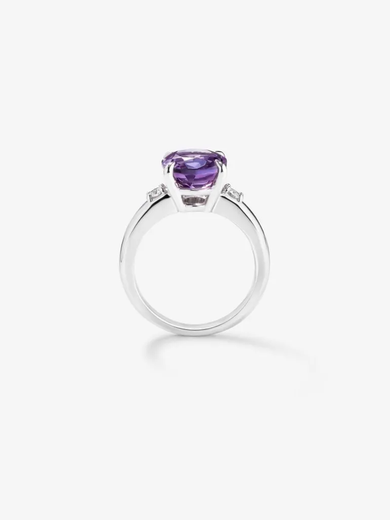 Anillo tresillo de plata 925 con amatista y diamantes