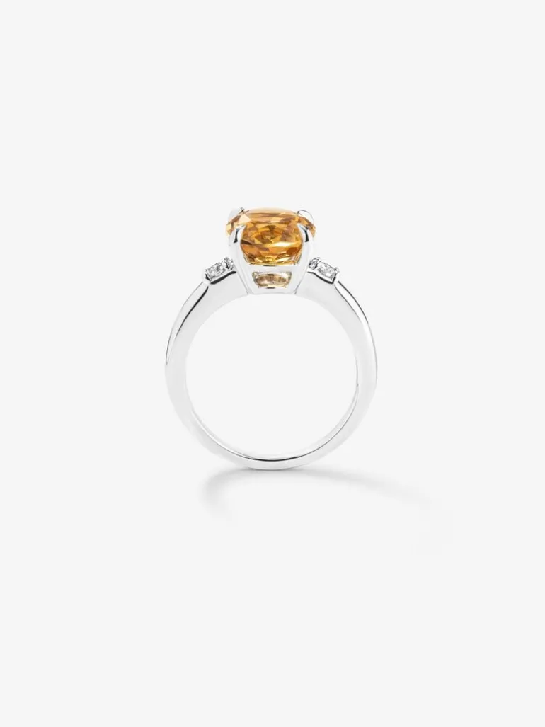 Anillo tresillo de plata 925 con citrino y diamantes