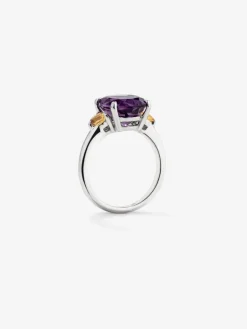 Anillo tresillo de plata 925 con amatista morada en talla oval y 2 cuarzos citrinos en talla brillante