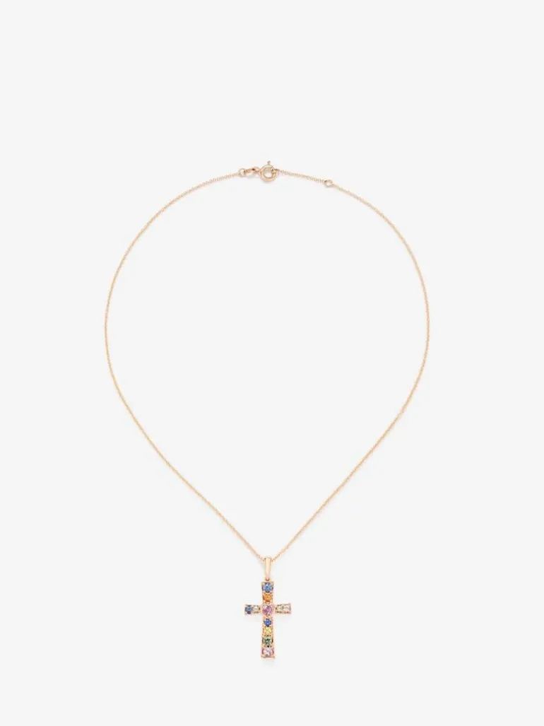 Colgante cadena cruz de oro rosa de 18K con zafiro