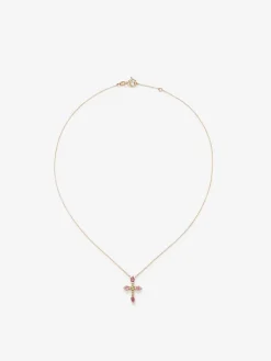 Colgante cadena cruz de oro rosa de 18K con turmalina y diamante