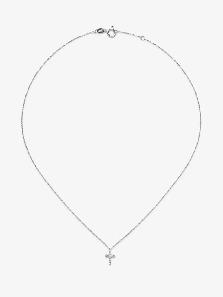 Colgante cadena cruz de oro blanco de 18K con diamantes
