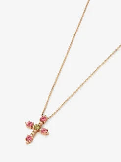 Colgante cadena cruz de oro rosa de 18K con turmalina y diamante