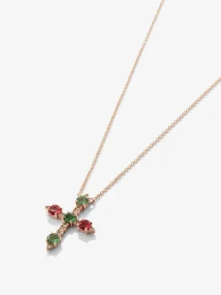 Colgante cadena cruz de oro rosa de 18K con turmalina verde y turmalina rosa