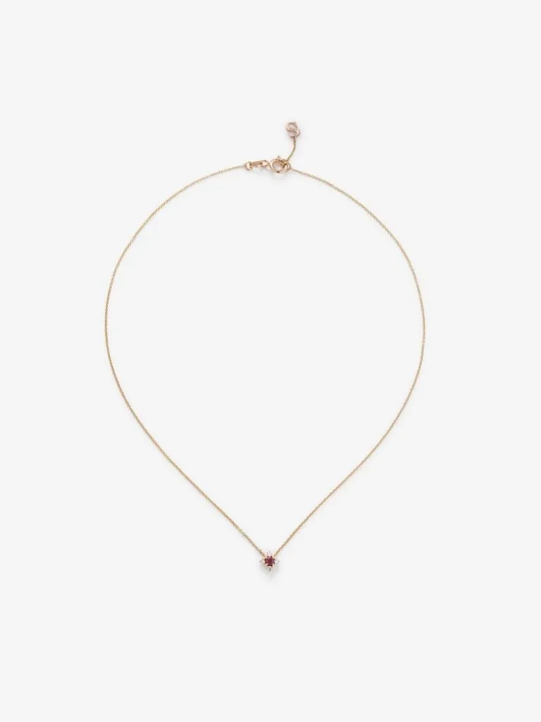 Colgante cadena flor de oro rosa de 18K con rubí y diamantes