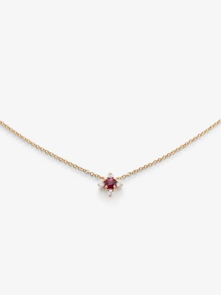 Colgante cadena flor de oro rosa de 18K con rubí y diamantes