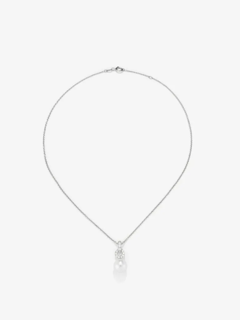 Colgante de cadena de oro blanco de 18k con aro en diamante y perla australiana de 9,5 mm