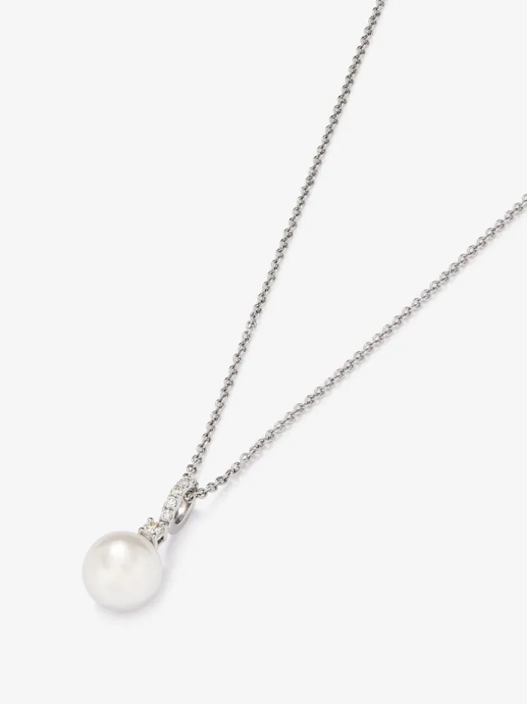 Colgante de cadena de oro blanco de 18k con aro en diamante y perla australiana de 8,5 mm