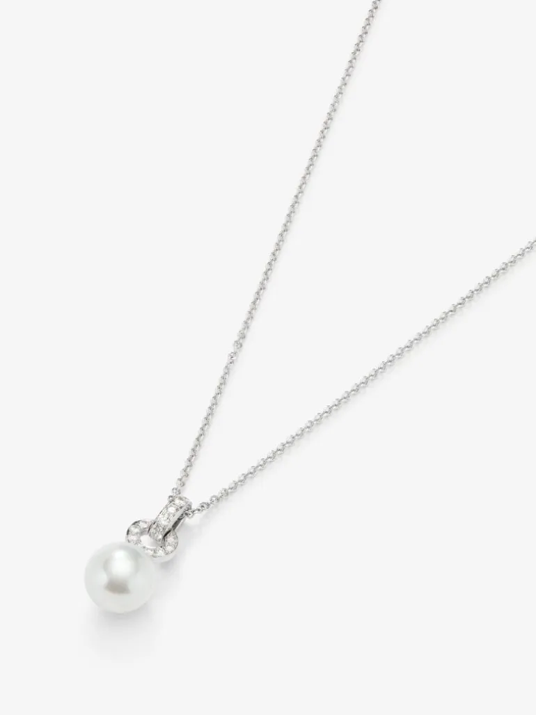 Colgante de cadena de oro blanco de 18k con aro en diamante y perla australiana de 9,5 mm