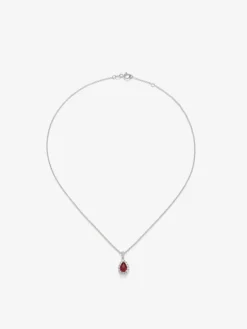 Colgante de oro blanco de 18K con rubí rojo intenso en talla pera de 0,88 cts y diamantes 0,48 cts