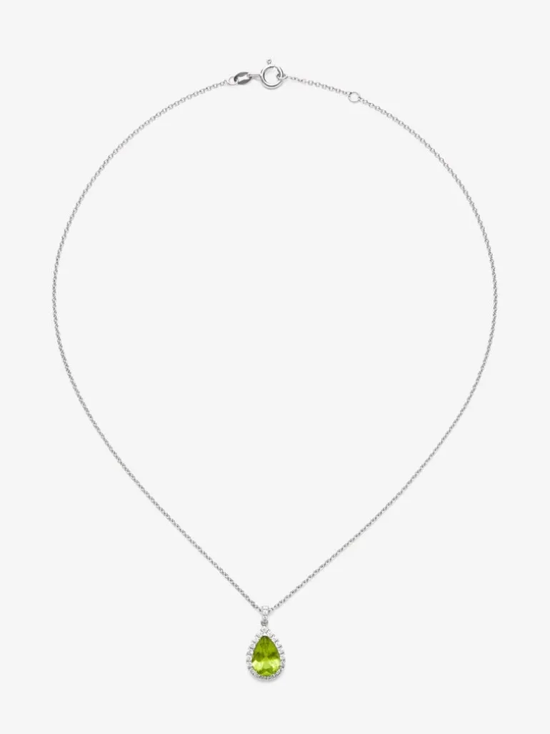Colgante de oro blanco de 18K con peridoto verde en talla pera de 2,58 cts y 33 diamantes en talla brillante con un total de 0,36 cts