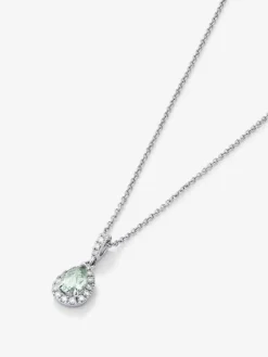 Colgante de oro blanco de 18K con amatista verde en talla pera de 0,68 cts y 18 diamantes en talla brillante con un total de 0,2 cts