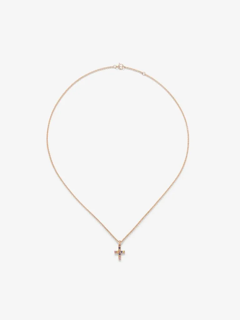 Colgante de oro rosa de 18K con zafiros multicolor con forma de cruz