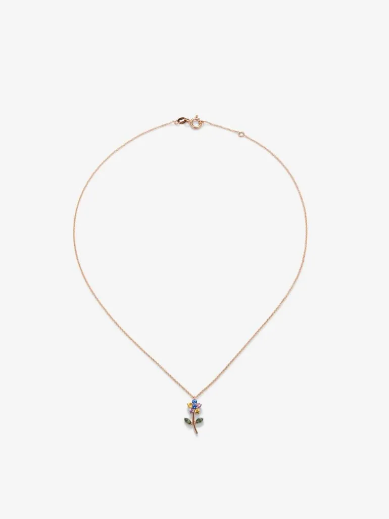 Colgante de oro rosa de 18K con zafiros verdes y multicolor en forma de flor