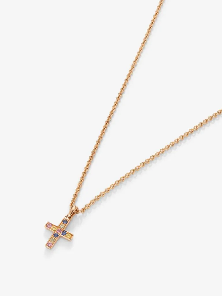 Colgante de oro rosa de 18K con zafiros multicolor con forma de cruz