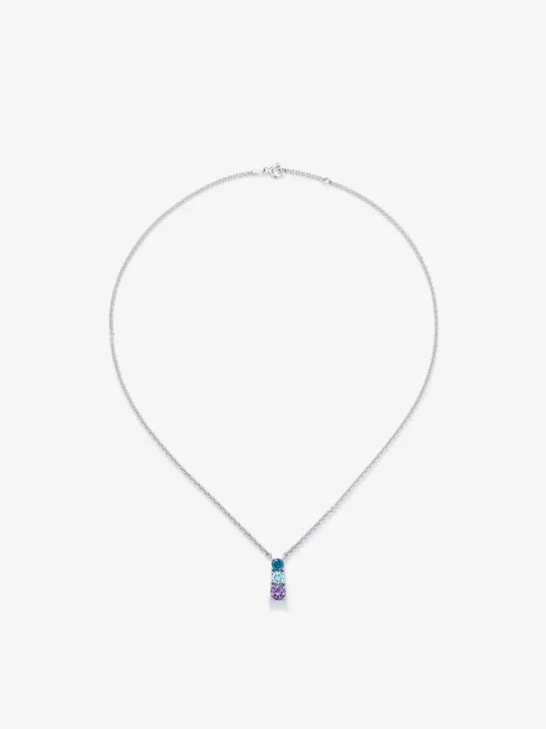 Colgante de plata 925 con topacio azul london, topacio azul swiss y amatista morada en talla brillante