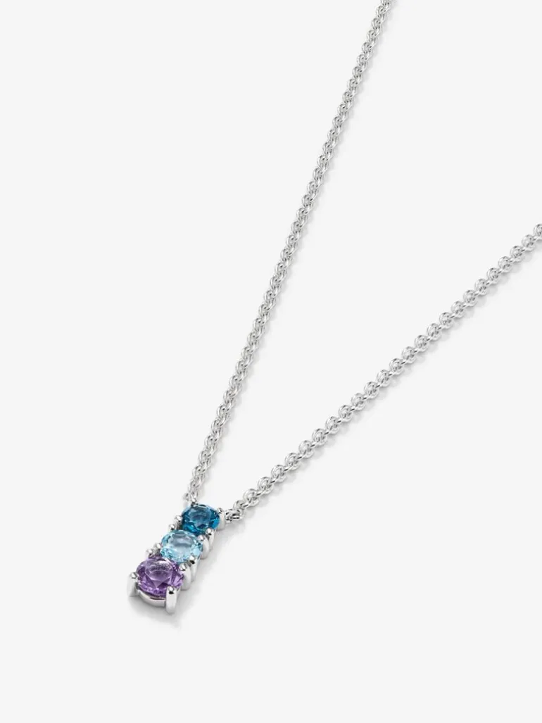 Colgante de plata 925 con topacio azul london, topacio azul swiss y amatista morada en talla brillante
