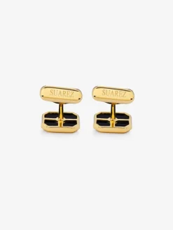 Gemelos de oro amarillo de 18K con ónix negro de 3,25 cts y diamantes blancos de 0,12 cts