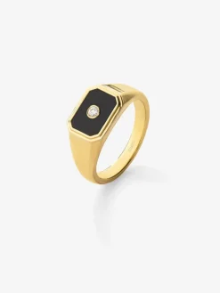 medium 18k yellow gold signet ring with 0.98 ct black onyx and 0.03 ct diamond
