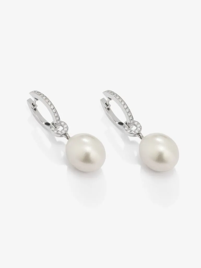 Pendiente de aro de oro blanco de 18k con colgante de perla australiana de 9 mm y diamante
