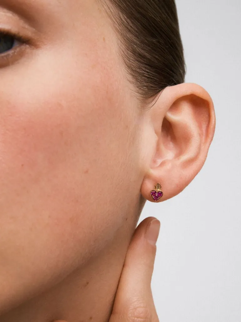 Pendiente individual corazón de oro rosa de 18kt con zafiros rosas de 0,14cts