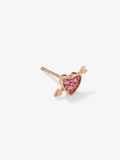 Pendiente individual de oro rosa de 18K con 3 zafiros rosas en talla brillante con un total de 0,1 cts y forma de corazón