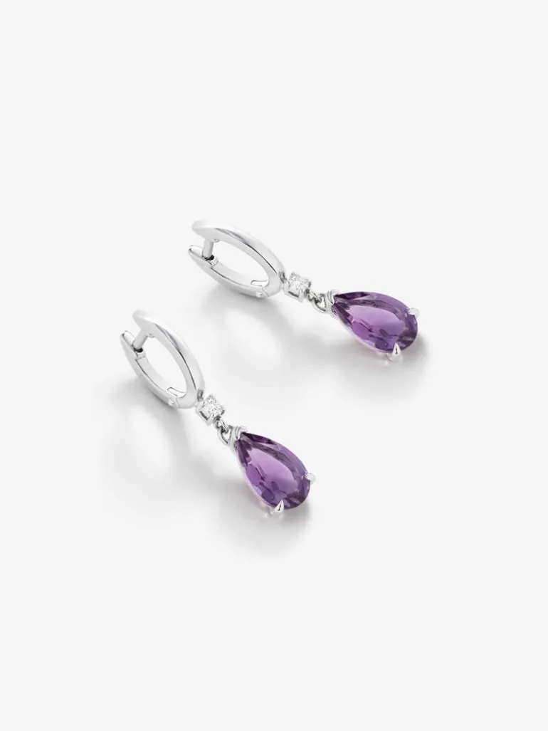 Pendientes aro de plata 925 con amatista y diamante colgante