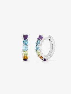 Pendientes aro pequeño fino de plata 925 con gemas multicolor