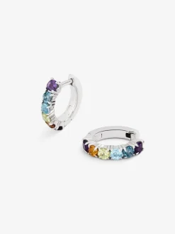 Pendientes aro peque&ntilde;o fino de plata 925 con gemas multicolor