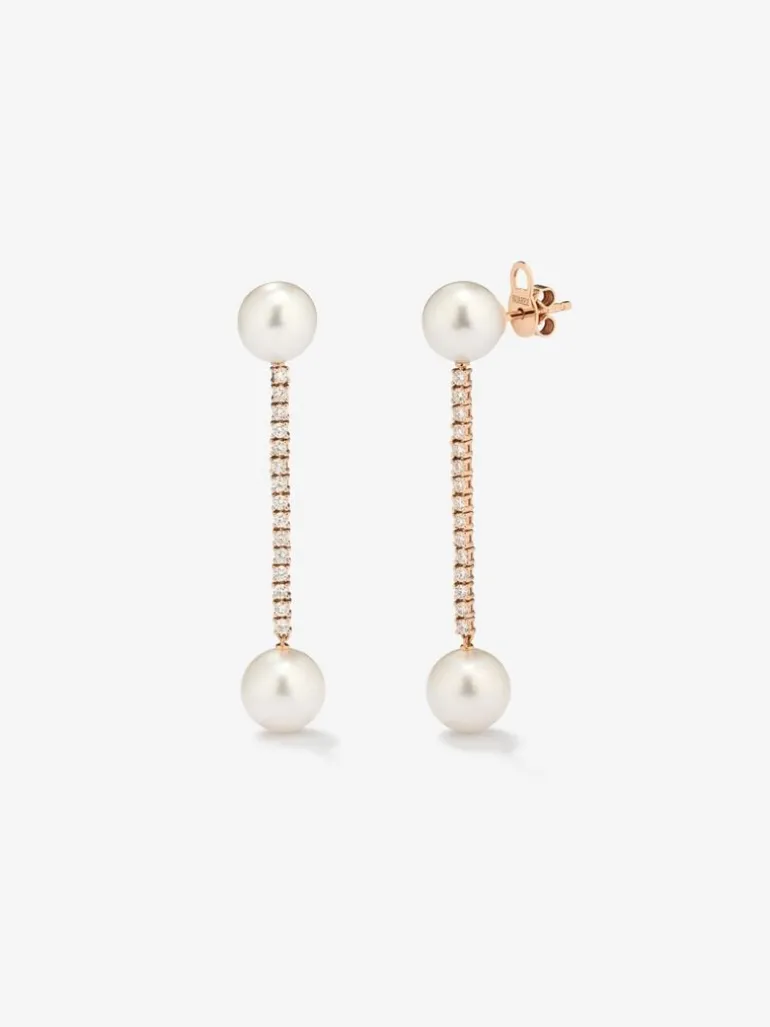 Pendientes colgante largo de oro rosa de 18K con diamante y perla