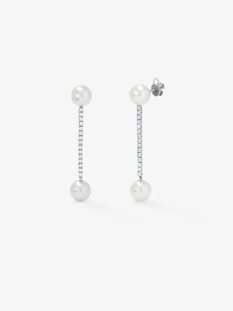 Pendientes colgante largo de oro blanco de 18K con diamante y perla