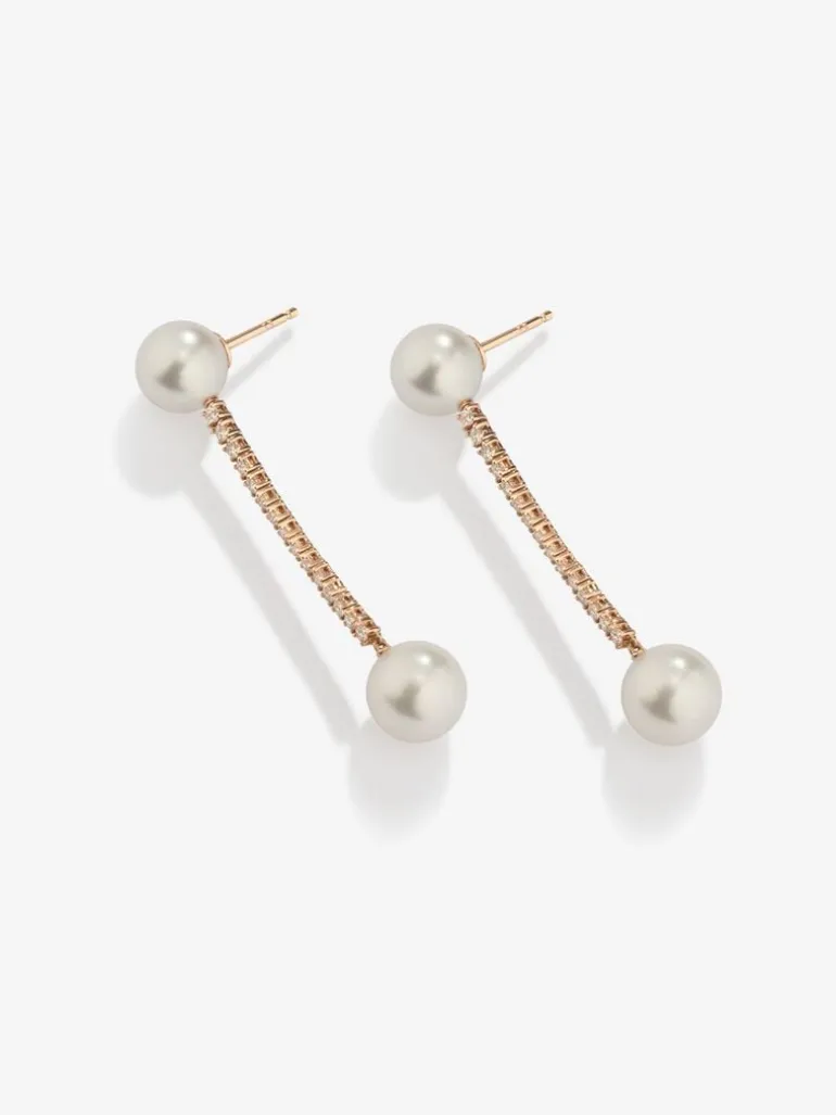 Pendientes colgante largo de oro rosa de 18K con diamante y perla