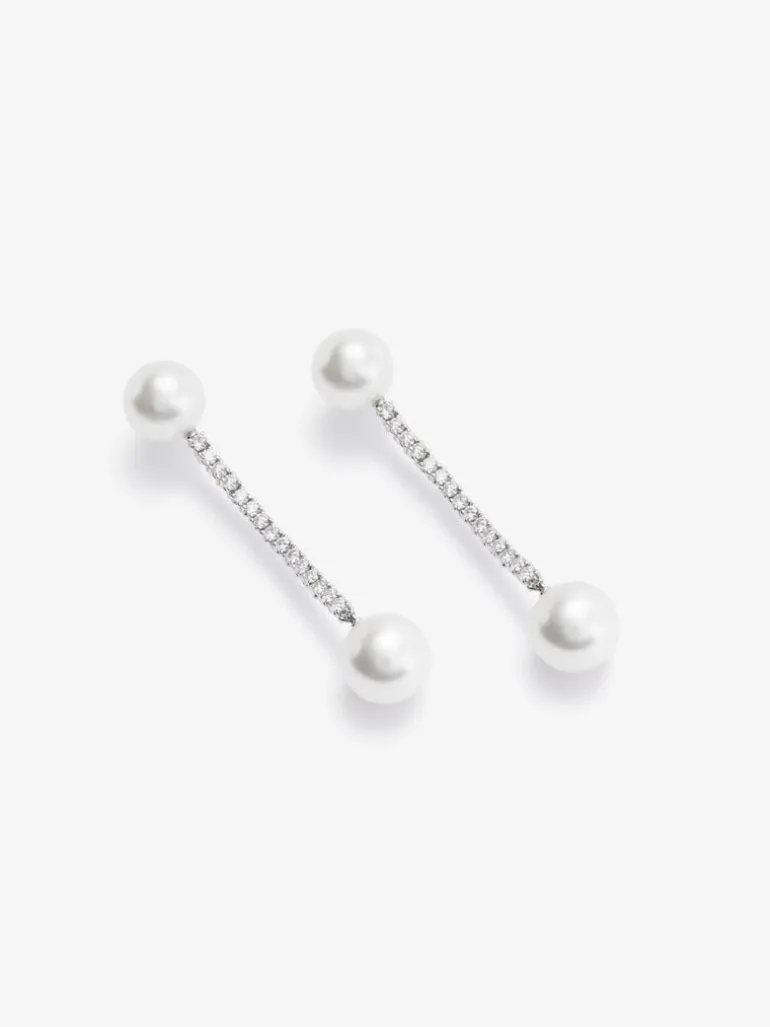 Pendientes colgante largo de oro blanco de 18K con diamante y perla