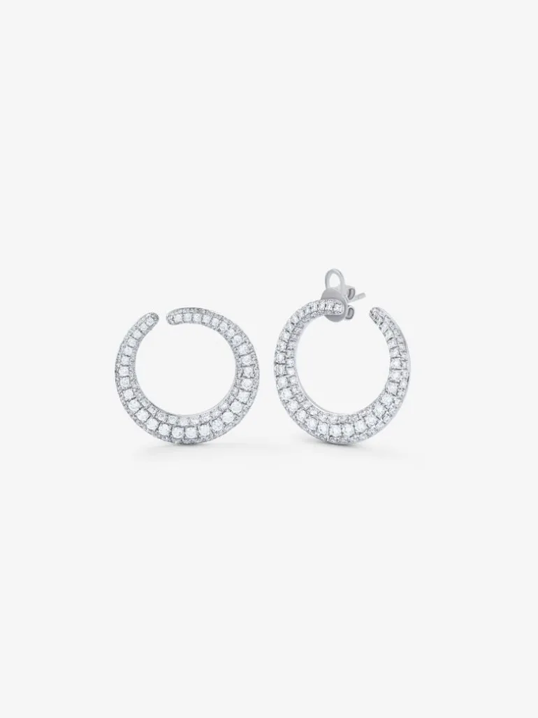 Pendientes de aro abiertos pequeños de oro blanco de 18K con pavé de diamantes