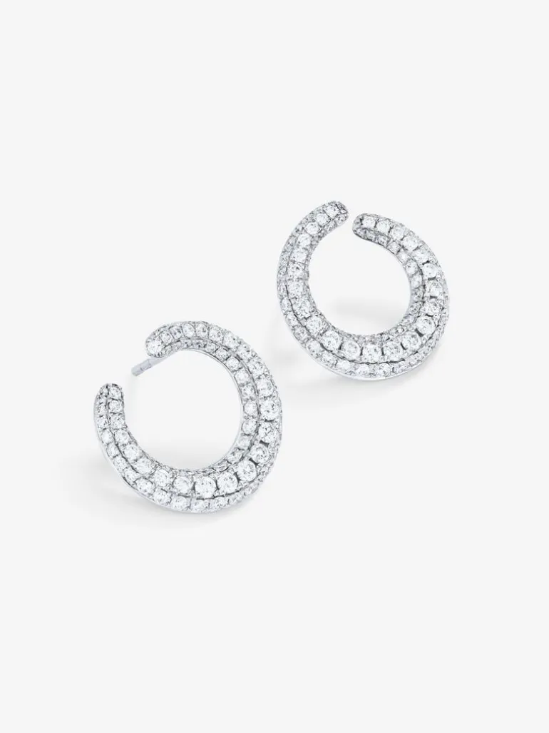 Pendientes de aro abiertos pequeños de oro blanco de 18K con pavé de diamantes