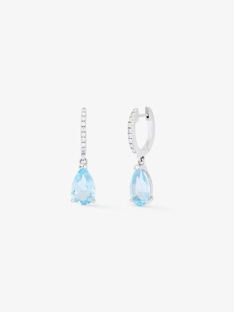 Pendientes de aro con colgante de oro blanco de 18K con topacio y diamante