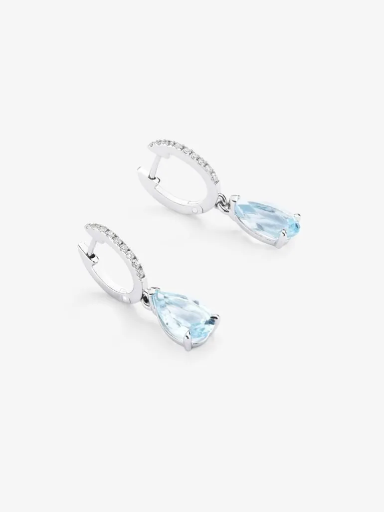 Pendientes de aro con colgante de oro blanco de 18K con topacio y diamante