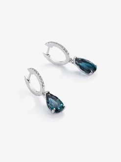 Pendientes de aro con colgante de oro blanco de 18K con topacio y diamante