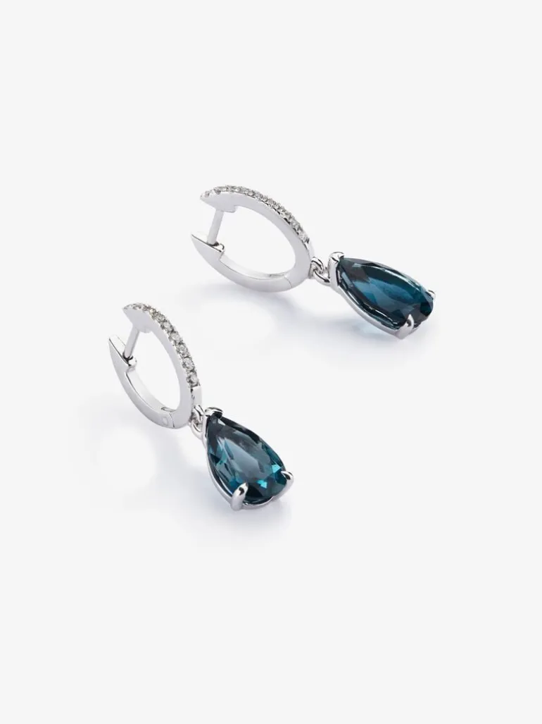 Pendientes de aro con colgante de oro blanco de 18K con topacio y diamante