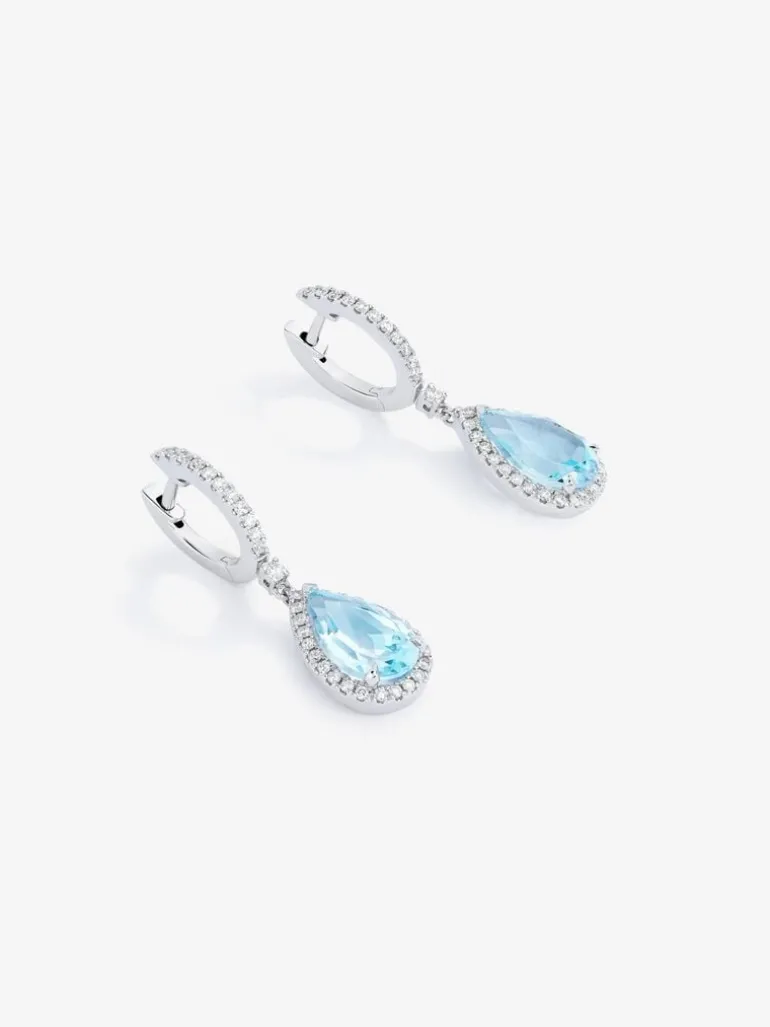 Pendientes de aro con colgante de oro blanco de 18K con topacio y diamante