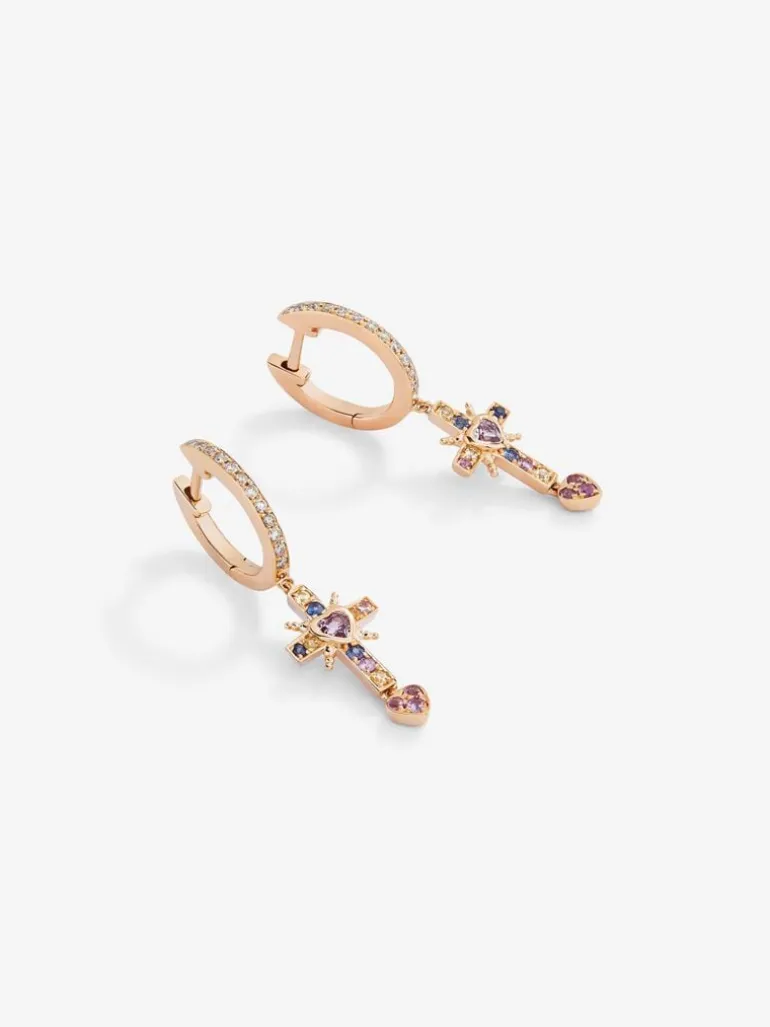 Pendientes de aro con colgante de oro rosa de 18K con zafiro y diamante
