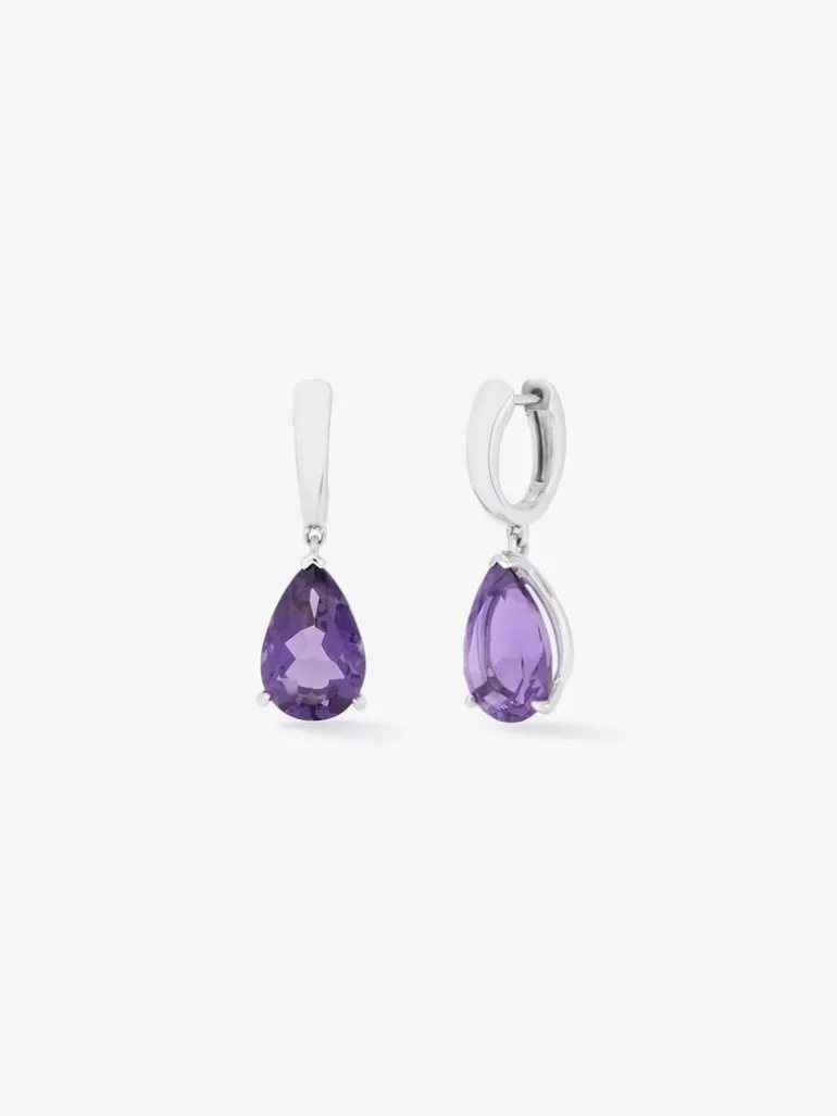 Pendientes de aro de plata 925 con 2 amatistas moradas en talla pera