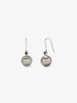 Pendientes de aro de plata 925 con 2 espinelas negras y 2 perlas de Tahití de 8,5mm
