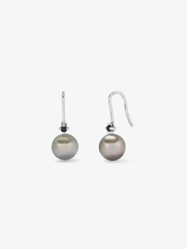 Pendientes de aro de plata 925 con 2 espinelas negras y 2 perlas de Tahití de 8,5mm