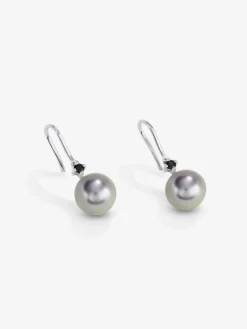 Pendientes de aro de plata 925 con 2 espinelas negras y 2 perlas de Tahit&iacute; de 8,5mm
